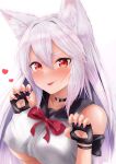  1girl :p absurdres animal_ear_fluff animal_ears arms_up azur_lane bangs black_choker black_gloves black_sailor_collar blush bow breasts choker claw_pose collarbone commentary_request crop_top fingerless_gloves gloves hair_between_eyes hair_intakes heart highres large_breasts long_hair looking_at_viewer nail_polish o-ring o-ring_choker pink_nails red_bow red_eyes ryara sailor_collar shirt simple_background sleeveless sleeveless_shirt solo thick_eyebrows tongue tongue_out underboob very_long_hair white_background white_hair white_shirt yuudachi_(azur_lane) 