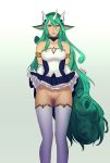  1girl animal_ears ass_visible_through_thighs bare_shoulders blue_skirt closed_mouth clothes_lift curly_hair distr elbow_gloves gloves green_eyes green_hair horns league_of_legends long_hair looking_at_viewer pleated_skirt pussy pussy_juice pussy_juice_trail signature single_horn skirt skirt_lift solo soraka_(league_of_legends) standing thighhighs uncensored very_long_hair white_gloves white_thighhighs 