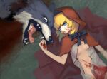  black_souls_(game) blonde_hair blood blood_puddle blood_stain bodily_fluids bow_tie canid canine canis corpse cyber_monk dead_eyes death fairy_tales female feral gore hair hi_res human little_red_riding_hood little_red_riding_hood_(copyright) mammal nipples snuff wolf 