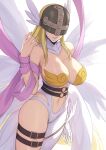  angel_wings angewomon asymmetrical_clothes bare_shoulders belt blonde_hair breasts cleavage covered_eyes cropped_legs digimon digimon_(creature) elbow_gloves evan_yang feathered_wings gloves head_wings helmet highres large_breasts long_hair multiple_wings navel shawl simple_background smile solo standing thigh_strap white_background winged_helmet wings wrist_wings 