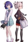  2girls absurdres bag bangs blue_eyes blue_hair bow bowtie bronya_zaychik bronya_zaychik_(wolf&#039;s_dawn) brown_footwear casual commentary_request crossed_bangs drill_hair food food_in_mouth frilled_sleeves frills grey_eyes grey_hair hair_bow hair_ornament handbag highres honkai_(series) honkai_impact_3rd jacket kuo_(kuo114514) loafers long_hair long_sleeves looking_at_another messenger_bag miniskirt mouth_hold multicolored_hair multiple_girls pleated_skirt polka_dot polka_dot_bow red_skirt seele_vollerei shirt shoes shoulder_bag simple_background skirt smile socks standing thighhighs toast toast_in_mouth twin_drills two-tone_hair white_background white_footwear white_shirt 