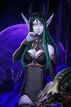  1girl avatar_(wow) bare_shoulders black_thighhighs breasts cleavage closed_mouth detached_sleeves distr elf fingernails full_moon green_hair hand_on_own_chin highres large_breasts leotard light_smile long_fingernails long_hair long_sleeves looking_at_viewer moon navel night_elf_(warcraft) pointy_ears purple_nails signature smile solo standing thighhighs warcraft warlock_(warcraft) white_eyes world_of_warcraft 