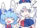  2girls ? @_@ blue_bow blue_dress blue_hair blue_headwear blush_stickers bow braid cirno closed_eyes collared_shirt cross dress fried_rice0614 grey_eyes hair_bow hat long_hair multiple_girls nurse_cap one-hour_drawing_challenge open_mouth puffy_short_sleeves puffy_sleeves red_cross shirt short_hair short_sleeves simple_background single_braid smile spoken_question_mark touhou white_background white_hair white_shirt yagokoro_eirin 