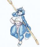  2022 anthro big_breasts blue_body blue_fur bottomwear breasts canid canine cleavage clothed clothing digital_media_(artwork) dress female fluffy fluffy_tail fox fur green_eyes hi_res huge_breasts huge_hips huge_thighs jewelry jindragowolf krystal loincloth mammal nintendo short_stack solo star_fox thick_thighs video_games wide_hips 