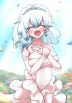  1girl absurdres alternate_costume asymmetrical_hair blue_hair breasts bridal_veil bride closed_eyes dress happy highres large_breasts light_blue_hair merlin_prismriver open_mouth proposal scavia10 solo touhou veil wedding_dress 
