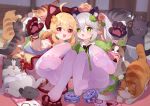  2girls :d :o animal_ears animal_hands bangs blonde_hair blush cat cat_ears cross-shaped_pupils dress elf fake_animal_ears feet flower full_body genshin_impact gloves gradient_hair green_dress green_eyes green_hair hair_between_eyes hair_flower hair_ornament hat highres klee_(genshin_impact) leaf_hair_ornament long_hair long_sleeves multicolored_hair multiple_girls nahida_(genshin_impact) no_shoes pantyhose paw_gloves paw_print_soles pet_food pointy_ears red_dress red_eyes side_ponytail smile soles thighband_pantyhose toes tsubasa_tsubasa white_hair white_pantyhose 