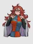  1girl android_21 black_sleeves breasts checkered_clothes checkered_dress closed_mouth dragon_ball dragon_ball_fighterz dress earrings glasses grey_background hoop_earrings jewelry kemachiku labcoat large_breasts long_hair looking_at_viewer red_hair simple_background smile solo 