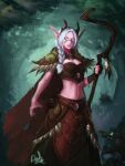  1girl black_nails braid breasts cleavage colored_skin distr druid_(warcraft) elf fingernails green_skirt highres holding holding_staff looking_at_viewer medium_breasts midriff nail_polish navel night_elf_(warcraft) parted_lips pink_skin pointy_ears sharp_fingernails signature skirt solo staff warcraft white_hair world_of_warcraft 