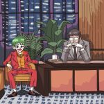  2boys black_necktie brown_footwear chair clown cosplay facepaint father_and_son formal glasses gloves green_hair grey_jacket highres ikari_gendou ikari_shinji interlocked_fingers jacket joker_(2019) joker_(dc) joker_(dc)_(cosplay) looking_at_viewer multiple_boys necktie neon_genesis_evangelion on_chair opaque_glasses orange_shirt own_hands_together pants parody plant potted_plant psicochurroz red_jacket red_pants red_suit shirt shoes sitting socks suit white_gloves white_socks 