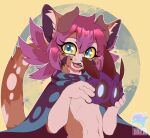  anthro blue_eyes bottomless brown_body claws clothed clothing digital_media_(artwork) domestic_cat fangs felid feline felis female fur hair horn kemono looking_at_viewer mammal mask open_mouth partially_clothed pink_hair scarf shiratzu simple_background smile solo topwear yellow_sclera 