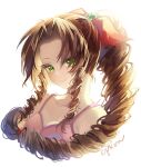  1girl aerith_gainsborough backlighting bow breasts brown_hair cat_princess cleavage closed_mouth collarbone drill_hair final_fantasy final_fantasy_vii floating_hair gem green_eyes green_gemstone hair_bow long_hair ponytail red_bow simple_background small_breasts smile solo twin_drills upper_body very_long_hair white_background 