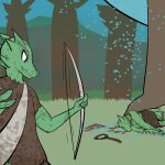  2014 anthro arrow_(weapon) blood bodily_fluids bow_(weapon) claws clothed clothing damaged_clothing digital_drawing_(artwork) digital_media_(artwork) digitigrade dirty duo fen_(lagotrope) forest frown fully_clothed grass green_body green_skin horn kobold lagotrope lizard lying male melee_weapon outside plant quiver_(arrows) ranged_weapon reptile scalie standing story story_at_source story_in_description sword tgchan torn_clothing tree weapon wounded 