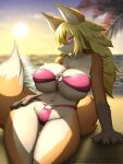  absurd_res anthro beach big_breasts bikini blush breasts canid canine clothed clothing faroula_twitt female fox fur genitals hair hi_res looking_at_viewer mammal outside pussy seaside smile solo swimwear 