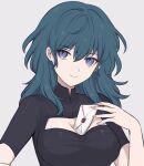  1girl bangs banned_artist between_breasts black_shirt blue_eyes blue_hair breasts byleth_(fire_emblem) byleth_(fire_emblem)_(female) cleavage cleavage_cutout clothing_cutout fire_emblem fire_emblem:_three_houses grey_background hair_between_eyes large_breasts letter long_hair looking_at_viewer shimizu_akina shirt short_sleeves simple_background smile solo upper_body 