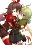  2girls ^_^ ^o^ amber_(genshin_impact) brown_hair closed_eyes collei_(genshin_impact) genshin_impact green_hair hair_ornament highres hug long_hair mirrrrr multiple_girls one_eye_closed purple_eyes smile thighhighs 