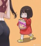  2girls ass bag bag_of_chips brown_eyes brown_hair child chips_(food) dress eating female_child food highres holding holding_bag holding_food jun_(seojh1029) little_sister_(seojh1029) long_hair medium_hair multiple_girls original pants potato_chips shoes siblings simple_background sisters sleeves_past_wrists snack socks sparkling_eyes sportswear sweater sweater_dress translated weibo_logo weibo_username yellow_footwear yoga_pants 