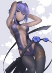  1girl absurdres armpits arms_behind_head arms_up bangs bare_shoulders black_hairband black_leotard breasts center_opening covered_nipples dark-skinned_female dark_skin fate/prototype fate/prototype:_fragments_of_blue_and_silver fate_(series) hairband hassan_of_serenity_(fate) highres leggings leotard looking_at_viewer medium_breasts navel purple_eyes purple_hair short_hair sidelocks solo yamachi_(xadp7533) 