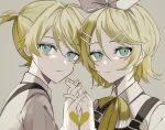  1boy 1girl blonde_hair blue_eyes bow brother_and_sister collared_shirt expressionless hair_bow heart holding kagamine_len kagamine_rin looking_at_viewer maca1227 sailor_collar shirt short_ponytail siblings twins vocaloid white_bow 