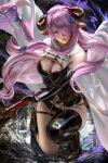  1girl asymmetrical_footwear banned_artist black_footwear black_gloves black_panties boots breasts brown_eyes bustier cleavage elbow_gloves floating_hair full_body gloves granblue_fantasy hair_ornament hair_over_one_eye horns large_breasts long_hair looking_at_viewer midriff narmaya_(granblue_fantasy) navel one_knee panties parted_lips pink_hair pointy_ears red_lips sheath sheathed signature solo stomach thigh_boots underwear very_long_hair zumi_(zumidraws) 