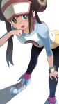  1girl bent_over black_pantyhose blush breasts brown_hair dot_nose double_bun doughnut_hair_bun green_eyes hair_bun hand_up highres leaning_forward long_hair long_sleeves open_mouth pantyhose pantyhose_under_shorts pokemon pokemon_(game) pokemon_bw2 raglan_sleeves rosa_(pokemon) shirt shoelaces shoes shorts simple_background solo tokumaro twintails visor_cap watch white_background wristwatch yellow_shorts 