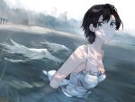 1girl aqua_eyes black_hair breasts cabin cleavage dress feathers funi_mu9 highres hololive lake looking_at_viewer medium_breasts oozora_subaru parted_lips partially_submerged short_hair sleeveless sleeveless_dress solo upper_body virtual_youtuber water wet wet_clothes 