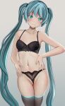  1girl aqua_eyes aqua_hair aruman bra breasts collarbone contrapposto cowboy_shot frilled_panties frills gradient gradient_background green_background green_nails grey_background groin hands_on_hips hatsune_miku highres lingerie long_hair looking_at_viewer navel panties see-through sidelighting simple_background skindentation small_breasts smile solo standing straight-on thighhighs thong twintails underwear underwear_only very_long_hair vocaloid 