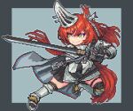  1girl animal_ears arknights armored_boots black_cape black_skirt boots border cape ear_covers ear_tag earpiece fighting_stance flametail_(arknights) full_body gauntlets grey_background grey_border holding holding_sword holding_weapon knee_pads long_hair outside_border pixel_art ponytail red_hair simple_background skirt smile solo squirrel_ears squirrel_tail sword tail weapon yamaruko_(nymin10lcx) yellow_eyes 