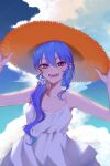  1girl :d bangs bare_arms blue_eyes blue_hair blue_sky blush breasts cloud dress hair_between_eyes hair_ornament hair_over_shoulder hair_scrunchie hands_on_headwear hat highres hololive hoshimachi_suisei long_hair looking_at_viewer open_mouth ponytail saco_(cgmore) scrunchie sky small_breasts smile solo star_(symbol) star_in_eye straw_hat sun_hat sundress symbol_in_eye virtual_youtuber white_dress 