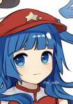  1girl bangs bare_shoulders blue_eyes blue_hair blunt_bangs bow bowtie cabbie_hat closed_mouth flat_cap happy hat hat_ornament highres label_girl_(dipp) looking_at_viewer mandarin_collar red_bow red_bowtie red_headwear smile solo star_(symbol) star_hat_ornament touhou vest white_vest yadoyuki 