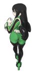  1girl ass ass_focus asui_tsuyu belt black_eyes black_hair bodysuit boku_no_hero_academia clenched_hand frog_girl from_above from_behind gloves green_bodysuit hair_rings hand_up highres long_hair looking_to_the_side low-tied_long_hair panties_under_bodysuit simple_background solo thighs toshinoshin white_background white_gloves 