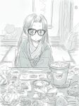  1girl crab food glasses greyscale highres indoors japanese_clothes kimono lighter marrontorisu monochrome oogaki_chiaki rice twintails yukata yurucamp 