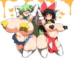  2girls :d armpits arms_behind_head arms_up ascot black_hair black_panties blue_skirt blush bow breasts closed_mouth cropped_legs detached_collar detached_sleeves frilled_bow frills frog_hair_ornament frown furrowed_brow green_eyes green_hair groin hair_bow hair_ornament hair_tubes hakurei_reimu heart_pasties highleg highleg_panties highres japanese_clothes kochiya_sanae long_hair looking_at_viewer medium_hair miko multiple_girls open_mouth pandain panties pasties presenting_armpit red_bow shiny shiny_hair shiny_skin sidelocks single_sidelock skirt smile star_pasties teeth thick_thighs thighhighs thighs touhou underwear upper_teeth v-shaped_eyebrows white_background white_sleeves white_thighhighs wide_hips wide_sleeves yellow_ascot 