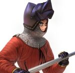  1girl absurdres armor chainmail closed_mouth emmelot_(wassnonnam) from_side full_armor gambeson gauntlets grey_eyes helm helmet highres holding holding_sword holding_weapon original profile simple_background solo sword visor_(armor) visor_lift wassnonnam weapon white_background 