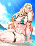  1girl abs absurdres armlet beach bikini bikini_pull blonde_hair breasts clothes_pull fate/grand_order fate_(series) gem green_eyes highres large_breasts long_hair navel ocean one_eye_closed quetzalcoatl_(fate) swimsuit thigh_strap toned zantyarz 