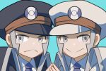  2boys aqua_background black_coat black_headwear blue_necktie brothers closed_mouth coat collared_shirt commentary_request dress_shirt emmet_(pokemon) frown grey_eyes grey_hair hat high_collar highres ingo_(pokemon) long_sideburns male_focus mizuiro123 multiple_boys necktie peaked_cap pokemon pokemon_(game) pokemon_bw portrait shirt short_hair siblings sideburns smile trench_coat white_coat white_headwear white_shirt 