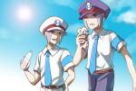  2boys belt blue_necktie bottle brothers brown_belt casteliacone cloud collared_shirt commentary_request day dress_shirt dripping emmet_(pokemon) food grey_eyes grey_hair hat highres holding holding_bottle hot ice_cream ingo_(pokemon) long_sideburns male_focus mizuiro123 multiple_boys necktie no_coat open_mouth outdoors pants peaked_cap pokemon pokemon_(game) pokemon_bw shirt short_hair short_sleeves siblings sideburns sky smile sun sweat water_bottle white_headwear white_pants white_shirt 