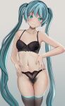  1girl aqua_eyes aqua_hair aruman bra breasts collarbone contrapposto cowboy_shot female_pubic_hair frilled_panties frills gradient gradient_background green_background green_nails grey_background groin hands_on_hips hatsune_miku highres lingerie long_hair looking_at_viewer navel panties pubic_hair see-through sidelighting simple_background skindentation small_breasts smile solo standing straight-on thighhighs thong twintails underwear underwear_only very_long_hair vocaloid 