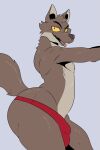  2022 a-side anthro big_butt brown_body brown_fur bulge butt canid canine canis clothed clothing detailed_bulge dreamworks fangs fur head_turned hi_res looking_at_viewer male mammal mostly_nude mr._wolf_(the_bad_guys) open_mouth pose raised_tail simple_background smile solo the_bad_guys thick_thighs thong thong_only tongue tongue_out topless underwear wolf yellow_sclera 