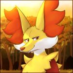  1:1 ambiguous_gender anthro cheek_tuft closed_smile delphox facial_tuft forest fur generation_6_pokemon glistening glistening_eyes hi_res inner_ear_fluff looking_at_viewer narrowed_eyes nintendo outside pache_riggs plant pokemon pokemon_(species) red_body red_eyes red_fur red_inner_ear_fluff red_nose signature solo tree tuft video_games white_body white_fur yellow_body yellow_ears yellow_fur 