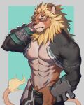  abs absurd_res anthro blonde_hair blush clothed clothing felid hair hi_res lion magnos_(world_flipper) male mammal muscular muscular_male pantherine solo tail_tuft tuft ty_arashi world_flipper yellow_eyes 