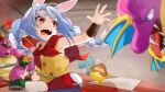  animal_ear_fluff animal_ears bangs blue_hair blue_pants bracer braid bunny-shaped_pupils cape carrot_hair_ornament character_request dragon_quest_monsters_joker food-themed_hair_ornament gotou_(nekocat) hair_between_eyes hair_ornament hololive long_hair multicolored_hair orange_eyes pants rabbit_ears rabbit_girl rabbit_tail red_cape running shirt short_eyebrows sleeveless sleeveless_shirt sweatdrop swept_bangs symbol-shaped_pupils tail thick_eyebrows twin_braids twintails two-tone_hair usada_pekora virtual_youtuber white_hair yellow_shirt 