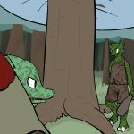  2014 anthro arrow_(weapon) bag blood bodily_fluids bottomwear bow_(weapon) claws clothed clothing club_(weapon) damaged_clothing digital_drawing_(artwork) digital_media_(artwork) digitigrade dirty duo fen_(lagotrope) forest frown fully_clothed grass green_body green_skin horn kobold lagotrope lizard male melee_weapon outside pants plant quiver_(arrows) ranged_weapon reptile scalie shirt standing story story_at_source story_in_description tgchan topwear torn_clothing tree weapon zizi_(lagotrope) 