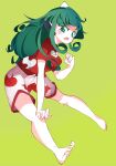  1girl barefoot blush full_body green_background green_eyes green_hair highres horns kariyushi_shirt komano_aunn long_hair looking_at_viewer open_mouth short_sleeves shorts simple_background single_horn solo touhou yakenai 