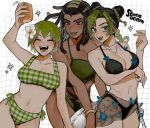  3girls bikini black_hair braid braided_ponytail closed_eyes dark_skin double_bun dreadlocks earrings ermes_costello flower foo_fighters green_eyes green_hair green_lips green_nails grey_eyes hair_bun hair_flower hair_ornament highres hoop_earrings jewelry jojo_no_kimyou_na_bouken kujo_jolyne looking_at_viewer multicolored_hair multiple_girls necklace neg_50asu open_mouth smile stone_ocean swimsuit 