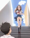  1boy 1girl :o adjusting_hair aruman bangs black_hair black_socks blue_skirt blurry blurry_foreground blush_stickers brown_eyes brown_footwear brown_hair building censored commentary_request from_behind hand_up highres karakai_jouzu_no_takagi-san loafers long_hair looking_at_another looking_down looking_up mosaic_censoring neckerchief nishikata no_panties outdoors parted_bangs pleated_skirt pussy red_neckerchief sailor_collar shirt shoes short_hair short_sleeves skirt socks spread_fingers stairs takagi-san white_shirt 