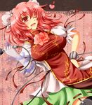  archienemy bandages breasts bun_cover chain chinese_clothes cuffs double_bun flower garter_straps heart ibaraki_kasen large_breasts microphone one_eye_closed pink_flower pink_hair pink_rose red_eyes rose short_hair solo tabard touhou 