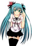  ayane_yuu_(iro_asobi) bad_proportions black_legwear blush bracelet green_eyes green_hair hair_ornament hair_ribbon hatsune_miku jewelry long_hair ribbon skirt solo thighhighs v_over_eye vocaloid world_is_mine_(vocaloid) 