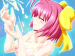  blush breasts closed_eyes cum cum_on_body cum_on_breasts cum_on_upper_body dha ejaculation facial hair_ribbon highres kami_nomi_zo_shiru_sekai large_breasts nakagawa_kanon nipples nude pink_hair ribbon short_hair solo 