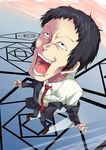  adachi_tooru black_hair crazy_eyes foreshortening formal male_focus mouth necktie open_mouth persona persona_4 solo teeth tongue 