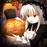  :3 ? animal_ears black_flower black_rose breasts bunny_ears cleavage dress flower glowing gothic_lolita grey_hair gucchi hairband halloween hat jack-o'-lantern laplace lolita_fashion long_hair pumpkin red_eyes rose rozen_maiden small_breasts solo suigintou top_hat 
